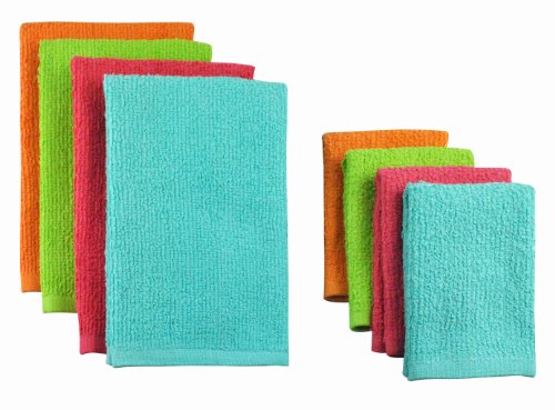 DII Kitchen Bar Mop Dishtowels, 16 x 19' & Dishcloths 12 x 12' Set of 8 - Assorted Bright