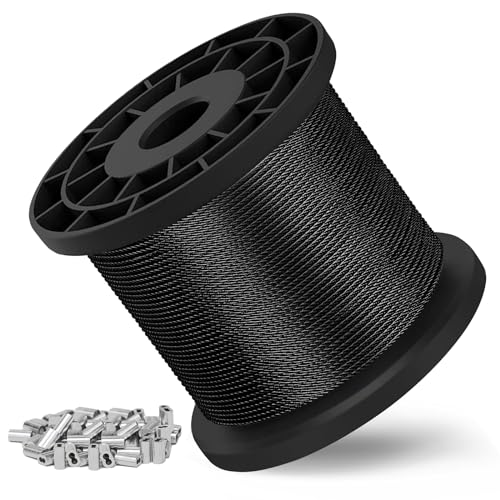 1/16 Wire Rope - 328FT 304 Stainless Steel Cable 7x7 368lbs Breaking Strength, Coated Wire Cable with 150 Crimping Sleeves, for Clothes Line, Trellis and String Light Cable