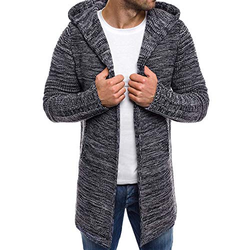 Solid Knit Trench Hooded Coat Men Long Sleeve Outwear Blouse Darkgray