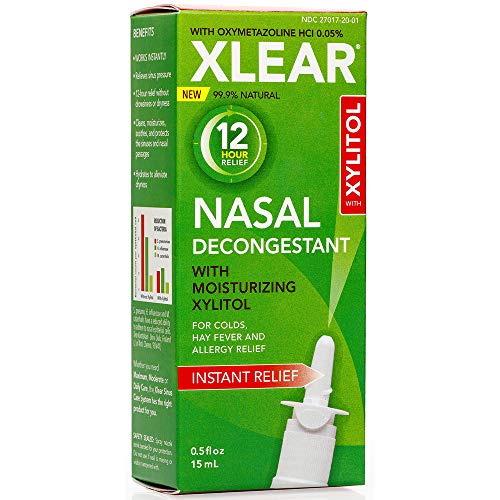 Xlear 12-Hour Nasal Decongestant Spray, Natural Saline Nasal Spray with Xylitol and Oxymetazoline, Instant Sinus Pressure and Congestion Relief for Kids and Adults 0.5 fl oz (Pack of 1)