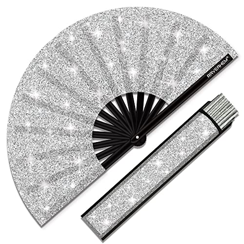 Raveahem Glitter Large Rave Folding Clack Hand Fan with holster for men/women Handheld Fan for EDM,Festival,Club,Party,Dance (Silver)