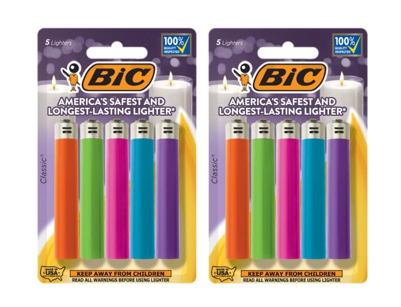 BIC Classic Lighters, Pocket Style, Lighter for Candles, Assorted Colors (Packaging May Vary), 10-Count Pack