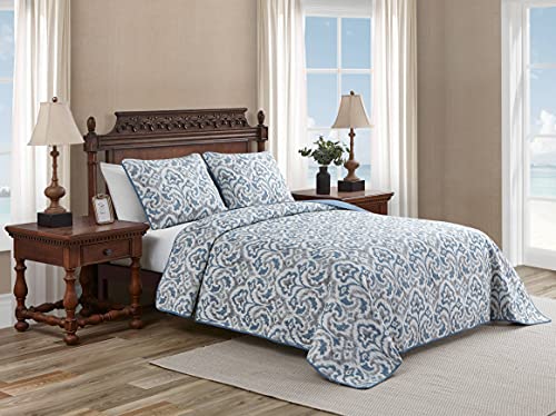 Tommy Bahama Home Quilt Set Reversible Cotton Bedding with Matchin Shams, All Season Home Decor, Queen, Cape Verde Smoke Grey/Blue