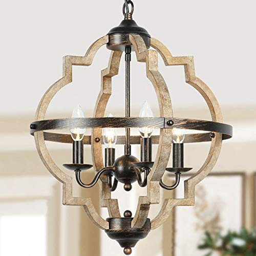 T&A Orb 4-Light Farmhouse Chandelier, Stardust Finish Rustic Brown Chandelier,Wood and Iron Component Vintage Island Light for Kitchen Dining Room Foyer