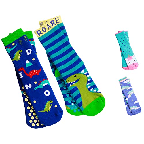 totes Girls Boys Kids Cozy Warm Soft Toddler Child Slipper Sock with Non-Slip Grips and Fun Cute Dino/Unicorn design, 2 Pack