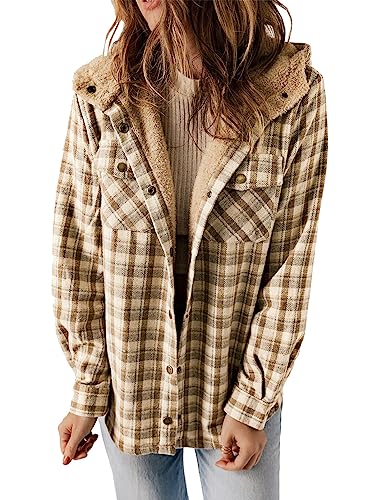 Dokotoo Shacket Jacket Women Fashion Plaid Oversized Hooded Long Sleeve Flannel Shirts Button Down Sherpa Coats Pocketed Casual Winter Fall 2023 Thick Fleece Lined Outerwear Khaki M