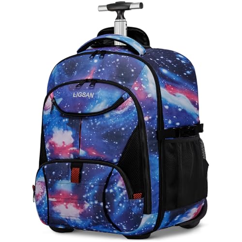 LIGSAN Rolling Backpack for School, 17inch Wheeled Laptop Backpack for Girls Boys Student Water Resistant Large Roller Bookbag with Wheels Durable Travel Hiking Carry on Luggage Bag, Galaxy Blue