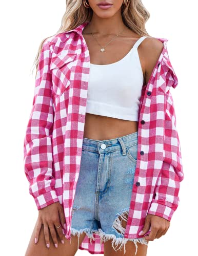 Zeagoo Womens Pink Plaid Shirt, Roll up Sleeve Casual Boyfriend Button Down Flannel Shirts,Rose,Medium