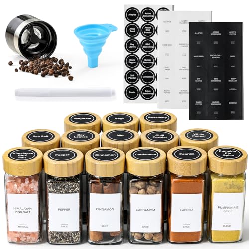AOZITA 14 Pcs Spice Jars with Bamboo Lids - 4oz Square Spice Bottles and Spice Labels - Shaker Lids and Airtight Caps - Silicone Collapsible Funnel Included