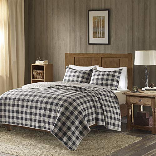 Woolrich Reversible Quilt Set - Cottage Styling Reversed to Solid Color, All Season Lightweight Coverlet, Cozy Bedding Layer, Matching Shams, Oversized King/Cal King, Buffalo Check Gray