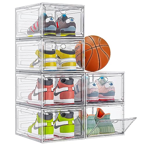 【Thicken & Sturdy】Clear Shoe Storage Organizer with Magnetic Door, Stackable Boxes for Closet, Foldable Space-Saving Shoe Rack for Sneaker Boot Container, Plastic Shoe Box 6 Pack, White