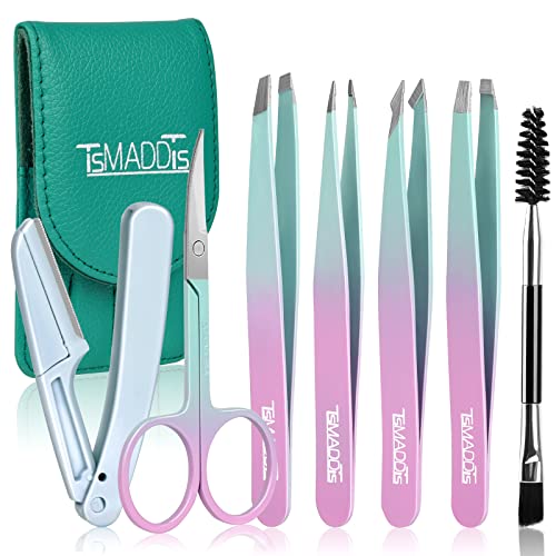 TsMADDTs Eyebrow Tweezer Set, 7 Pcs Tweezers Set for Women, Precision Tweezer for Eyebrows with Curved Scissors and Eyebrow Razor for Ingrown Hair