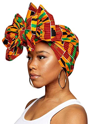 Ankara African Print Soft Headwraps Headband Long Hair Head Wrap Scarf Turban Tie Jersey Knit African head wraps (Green, Black and Orange)