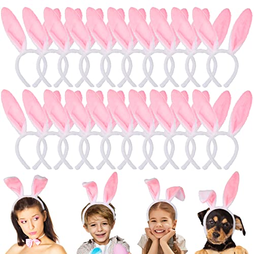 Jutom 24 Pcs Bunny Ears Headband Cute Plush Rabbit Ears Cosplay Bunny Costume for Adult Kids Valentines Day Party Favors(Pink)