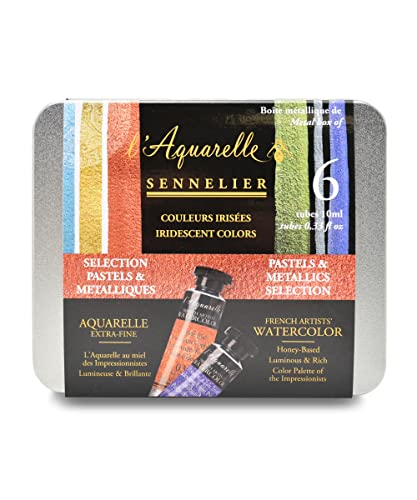 Sennelier French Artists' Watercolor Set, 10ml Tubes, 6-Color Iridescent & Metallic Tin Set