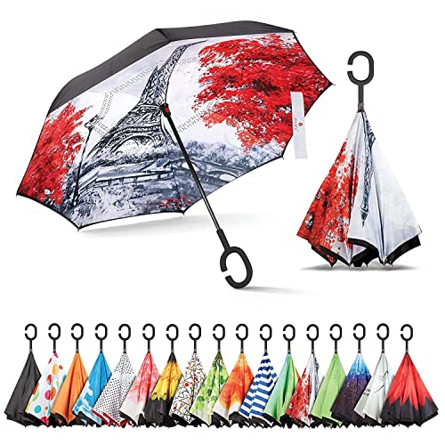 Sharpty Inverted Umbrella for Women - Windproof & Reverse - Easy to Open and Close - Upside Down & C-Shaped Handle - Rain & Wind Resistant - For Travel - Eiffel Tower