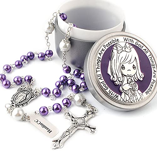 HanlinCC 6mm Purple Glass Pearl Beads First Rosary Necklace with Silver Zinc Alloy Rosary Box (Purple Pearl Miraculous Rosary with Box for Girl)