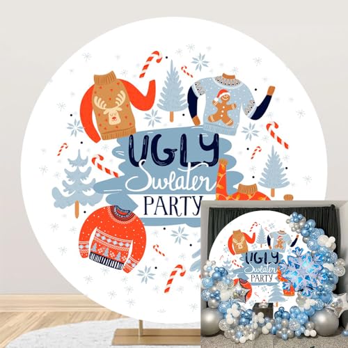 AWERT Polyester Diameter 7.5ft Round Ugly Sweater Party Backdrop Orange Blue Ugly Xmas Sweater Pine Tree Photography Background Christmas New Year Ugly Sweater Makeup Ball Decoration Supplies