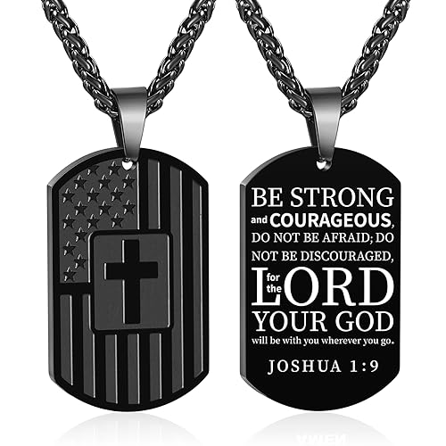 Duodiner Dog Tag Necklace for Men Boys, Stainless Steel Pendant Chain American Flag Cross Baptism Religious Christian First Communion Confirmation Jewelry Gifts Joshua 1:9 Black