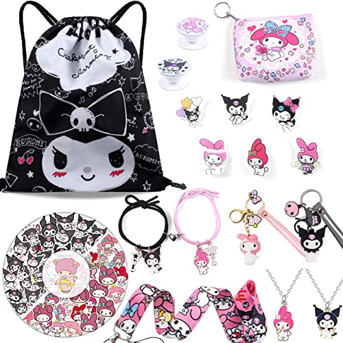 Kawaii My Melody Gift Set,Anime Merch Accessories Kawaii Stickers/Drawstring Bag Backpack/Necklace/Bracelet/Keychain/Lanyard/Phone Ring Holder/Purse Storage Bag Birthday Party Supplies BFF Gift