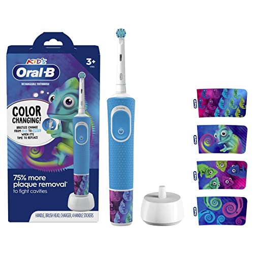 Oral-B Kid's Electric Rechargeable Toothbrush with Charger, Featuring Extra Soft Color Changing Bristles, for Ages 3, White/Blue