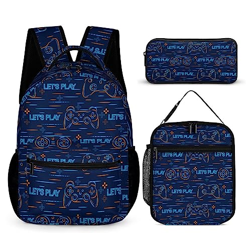 Cool Colorful Silhouettes Joystick Game 3PCS Backpack with Lunch Box and Pencil Case