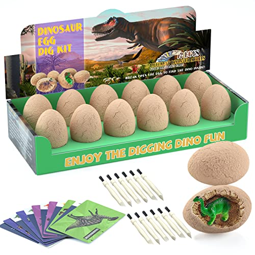 Dinosaur Eggs Excavation Dig Kit - Toys for Kids Break Open 12 and Discover Cute Dinosaurs Archaeology Preschool Science STEM Crafts Birthday Gifts Boys Girls