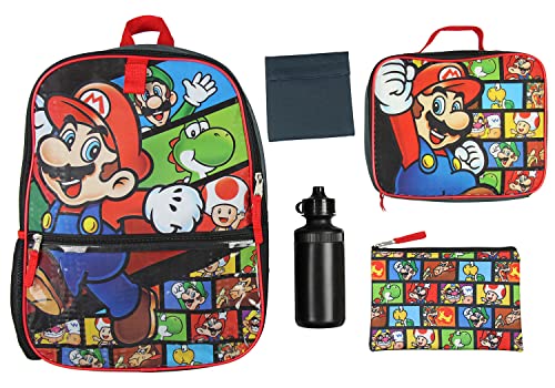 Nintendo Backpack Super Mario 5 PC Shimmer Character 16' Lunch Box Combo Set