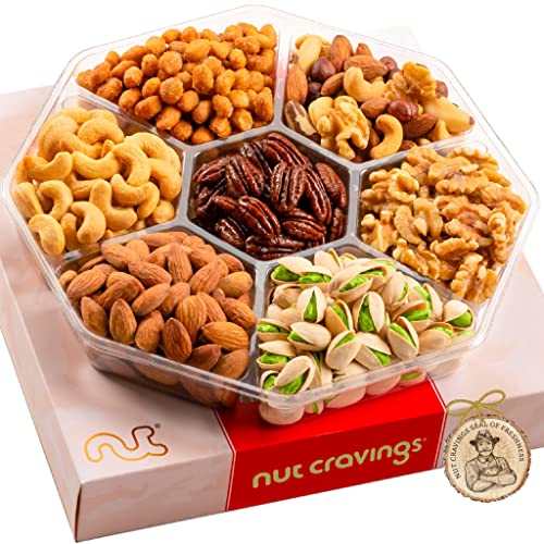 Nut Cravings Gourmet Collection - Mixed Nuts Gift Basket in Red Gold Box (7 Assortments, 1 LB) Arrangement Platter, Birthday Care Package - Healthy Kosher USA Made