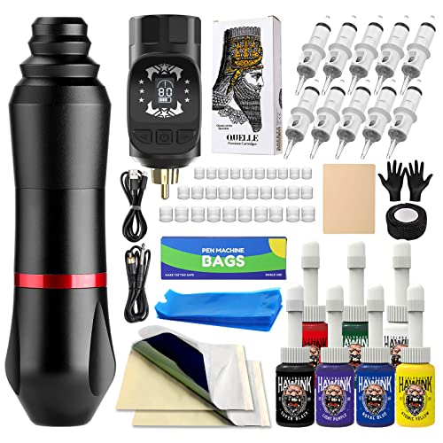 Tattoo Kit-HAWINK Wireless Rotary Tattoo Gun Machine with Wireless Tattoo Power Supply LCD digital 3.7V Lithium Battery 1600mAh Tattoo Battery 1Pcs 7 inks HWP6KITP155-1