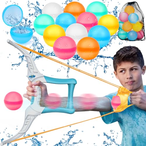 Tsomtto Water Balloon Launcher Slingshot with 12 Reusable Water Balloons Quick Fill Self-Sealing, 1 Mesh Storage Bag Splash Summer Gift Outdoor Fun Yard Pool Game Beach Toys for Toddlers,Kids, Teens