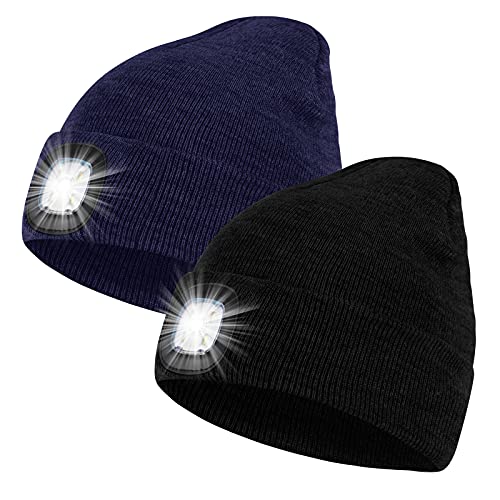 SUNPRO 2 Pack LED Beanie Hat with Light,Unisex Knit Lighted hat,USB Rechargeable Headlight Cap,Warm Winter Gifts for Men and Women Outdoor Dog Walking,Hiking,Camping (Black & Navy Blue)