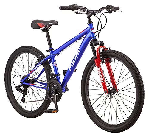 Pacific Cavern Boys Mountain Bike, 24-Inch Wheels, 21-Speed Twist Shifters, 14-Inch Steel Frame, Blue