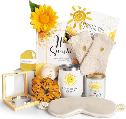 Birthday Gifts for Women, Sending Sunshine Christmas Gifts, Get Well Soon Gifts Basket Care Package Unique Spa Gifts Box with Coffee Mugs for Thinking of You Her Sister Best Friend (Bright Yellow)