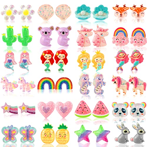 DEVIENG Kids Clip On Earrings for Girls - 24 Pairs Hypoallergenic Clips Earrings Sets Suitable for Ages 4-12 Little Girls, So Cute Small Clips On Earrings Jewelry Gifts Set