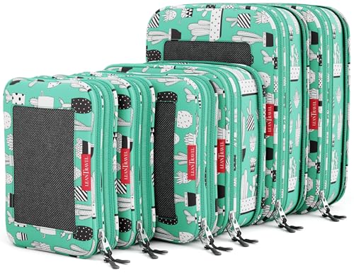 LeanTravel Compression Packing Cubes for Travel Organizers with Double Zipper (6-Pack (2L+2M+2S), Green Cactus)