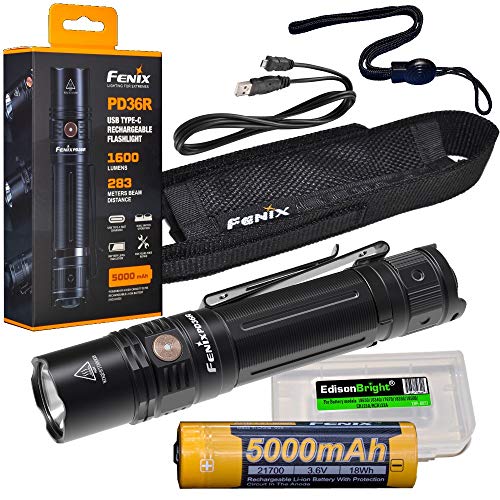 Fenix PD36R 1600 Lumen USB rechargeable LED tactical flashlight with EdisonBright charging cable carry case bundle