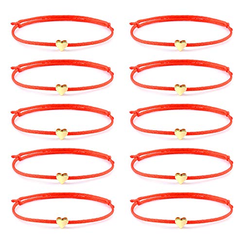 YJT Heart Wish Bracelet/Anklet That Fall Off Make A Wish Red String Bracelets for Women Teen Girls Handmade Jewelry Adjustable 7' to 11.8', 10 pc