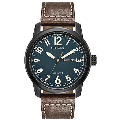 Citizen Men's Eco-Drive Weekender Garrison Field Watch in Black IP Stainless Steel with Brown Leather strap, Navy Dial (Model: BM8478-01L)
