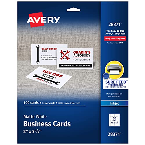 Avery Printable Business Cards with Sure Feed Technology, 2' x 3.5', White, 100 Blank Cards for Inkjet Printers (28371)