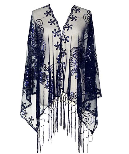 L'VOW Women's Glittering 1920s Scarf Mesh Sequin Wedding Cape Fringed Evening Shawl Wrap(Navy)