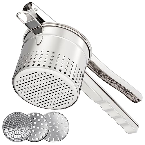 GloTika Large 15oz Potato Ricer with 3 Interchangeable Discs, Heavy Duty Stainless Steel Potato Masher with Ergonomic Handle, Masher and Ricer Kitchen Tool for Mashed Potatoes, Patent Pending