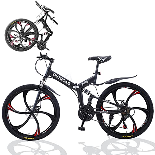 Outroad Folding Mountain Bike 26 Inch for Adult, 21-Speed Dual Suspension High-Carbon Steel MTB Foldable Bicycle, Dual Disc Brake Folding Bikes for Men Women -HM-Black