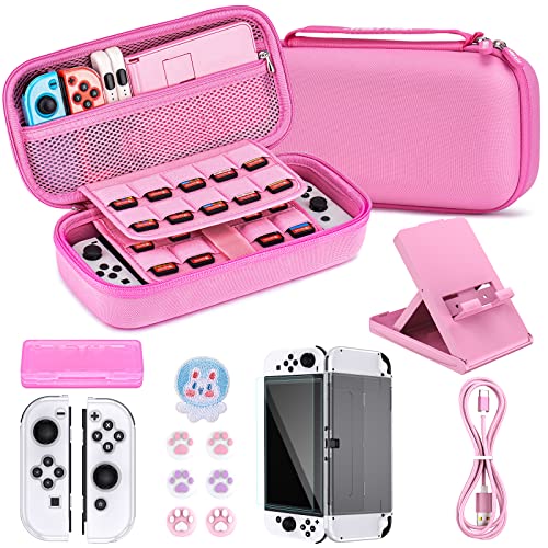Younik Switch OLED Accessories Bundle, 16 in 1 Accessories Kit Includes Switch OLED Carrying Case, Protective Case Cover for Console & J-Con, Screen Protector, Adjustable Stand, Switch Game Case