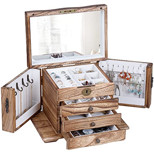 Kendal Graduation Gift Wooden Jewelry Box, Platane Wood Jewelry Holder Organizer, Real Wooden Jewelry Box with 3 Drawer, Jewelry Storage Case for Women with Both Side Door, Mirror and Lock