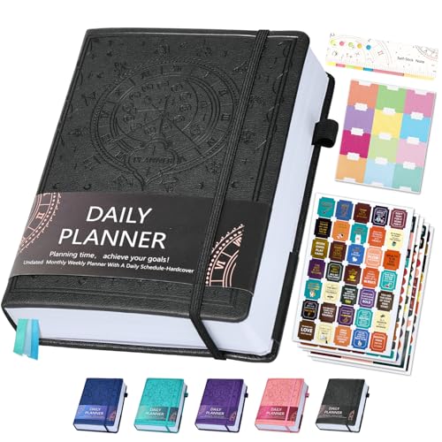 Ospelelf Leather Undated Daily Planner 2024(5.5 x 8.5''), Weekly & Monthly Life Planner, Organizer Notebook & Productivity Journal. 7 Months, A5 Hardcover, Start Any Time + Stickers(Black)