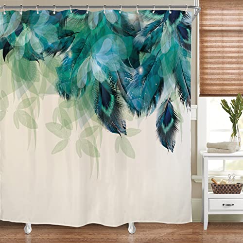 Riyidecor Watercolor Peacock Feather Shower Curtain for Bathroom Decor 72Wx72H Inch Teal Green Leaf Bathtub Accessories for Women Girl Vintage Turquoise Floral Panel Set Fabric Waterproof 12 Pack Hook