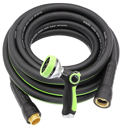 EADUTY Hybrid Garden Hose 5/8 IN. x 25 FT, Heavy Duty, Lightweight, Flexible with 10 Function Spray Nozzle, Swivel Grip Handle and Solid Brass Fittings