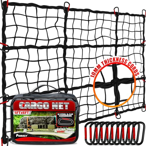 [Premium] 4'x6' Heavy Duty Cargo Net Stretches to 8' x 12', Extra Thick 10mm Cord Bungee Cargo Netting for Pickup Truck Bed, Roof Rack Net & 12 PCS Steel Carabiners