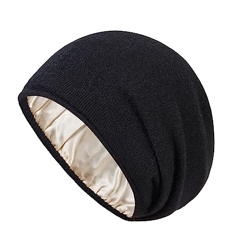 Facecozy Satin Lined Beanies Women Slouchy Beanie Knit Winter Hat for Women Men Silky Lining Lightweight Skull Beanies Cap (New Black)